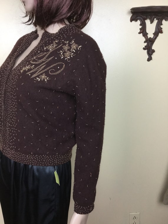 Vintage 50s Beaded Cardigan sweater 1950s Brown  … - image 8