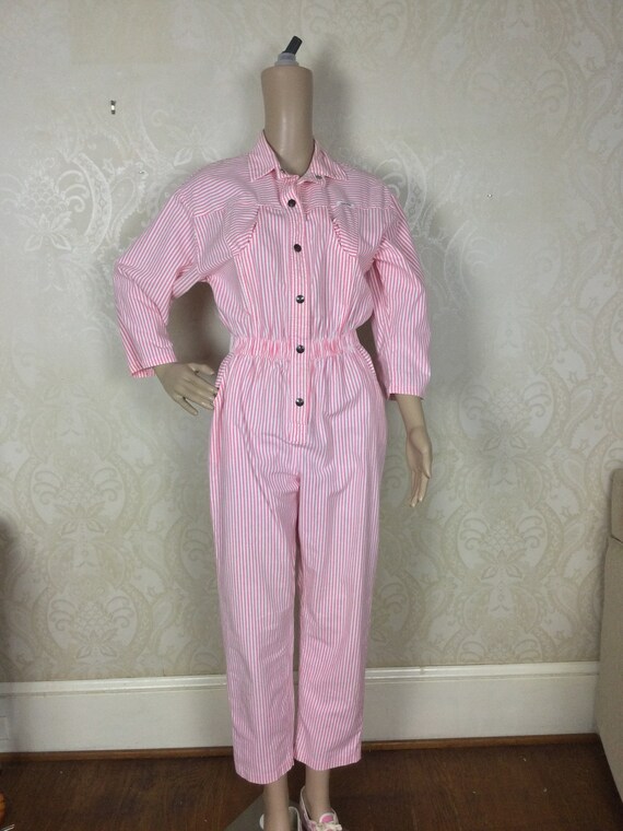 Y2K jumpsuit , pink & White Striped Sm Gem
