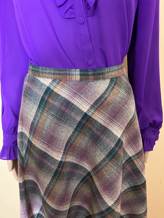 vintage 70s Purple Plaid Skirt, 1970s Purple  woo… - image 8