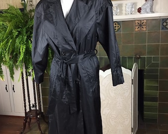 Vintage 80s Black Metallic Raincoat Trenchcoat, Waterproof, L