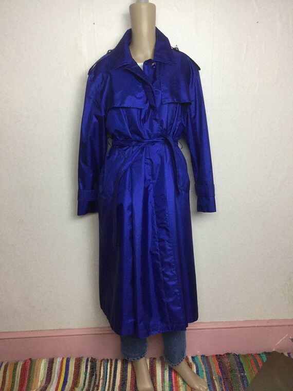 Vintage 80s Metallic Raincoat , Cerulean Blue Tre… - image 3