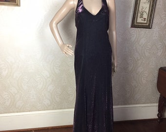 Vintage 80s Metallic Disco Dress, 1980s Cocktail  Long Sparkly Cage Back Gown ,Iridescent  purple & black maxi Dress, 80s Prom Dress NOS