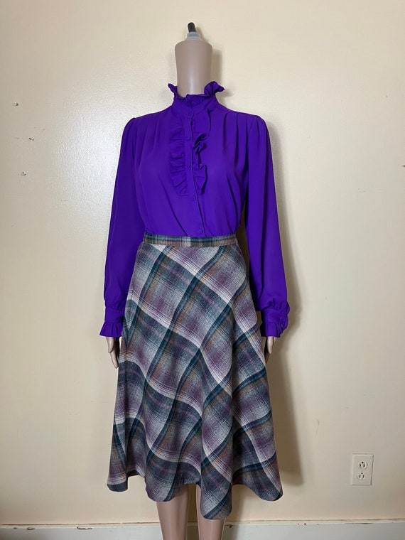 vintage 70s Purple Plaid Skirt, 1970s Purple  woo… - image 4