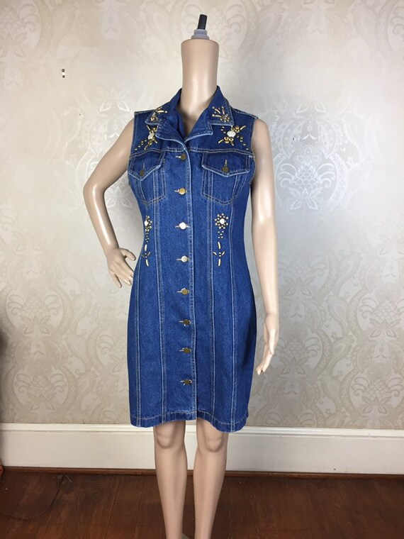 Vintage 90S bedazzled Denim Dress Jean Dress 90s … - image 4