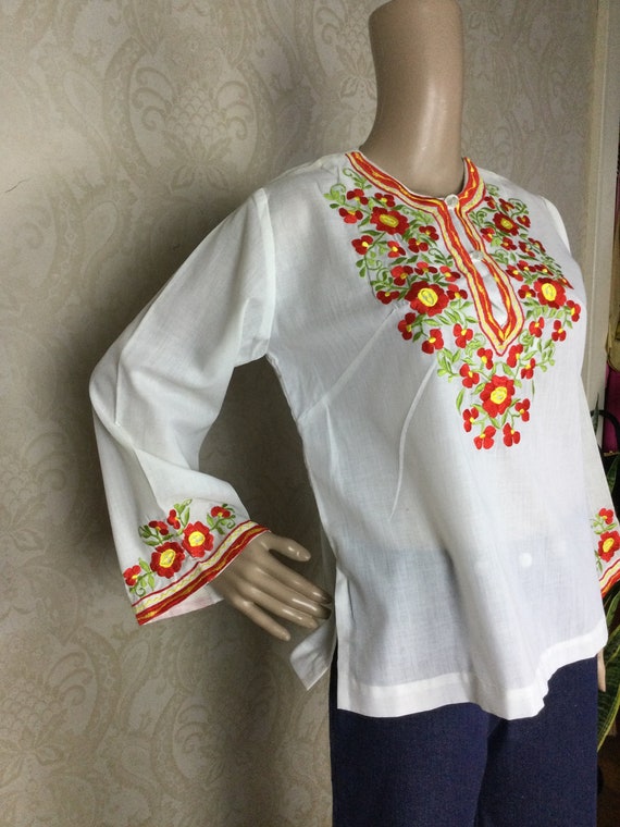 Mexican Embroidered Shirt , Vtge 70s Hippie Boho … - image 9