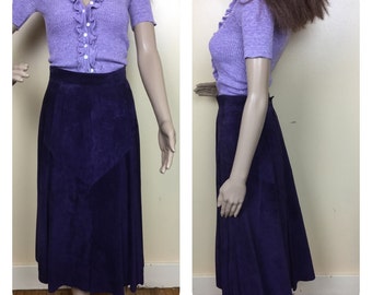 Vintage Purple  Suede Skirt ,80s suede Midi  skirt, Gift for her , high waist  genuine leather skirt