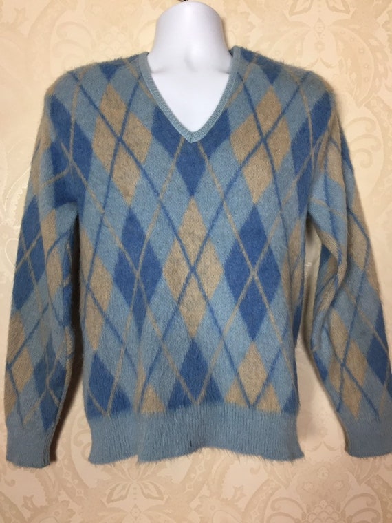 Vintage 50s  Mohair  Sweater, Blue  argyle wool,1… - image 6
