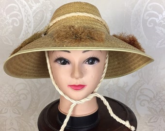 Vintage 60s Straw Beach Hat ,MOD Beach Blanket bingo tied