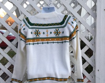 Vintage 70s Ski Sweater, 1970s Retro Snowflake Fair Isle Skiwear, M