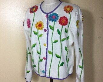 Vintage 80s Embroidered sweater, Floral  Cotton Cardigan Sweater