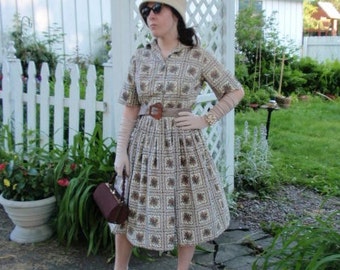 Vintage 50s Dress, 1950s Full Skirt Dress, Brown Fall Dress, Sm 50s Full Sweep Dress Small-medium