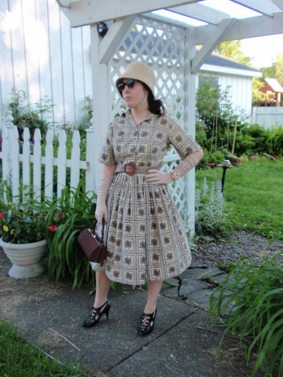 Vintage 50s Dress, 1950s Full Skirt Dress, Brown F