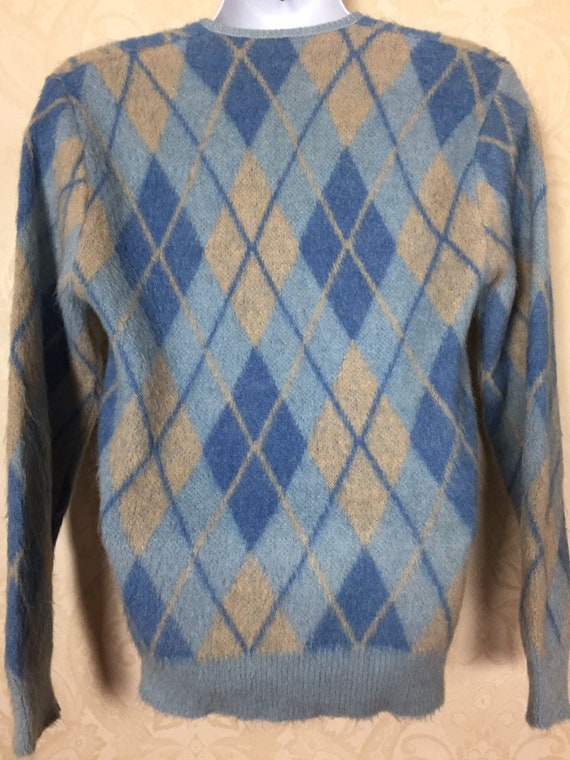 Vintage 50s  Mohair  Sweater, Blue  argyle wool,1… - image 3
