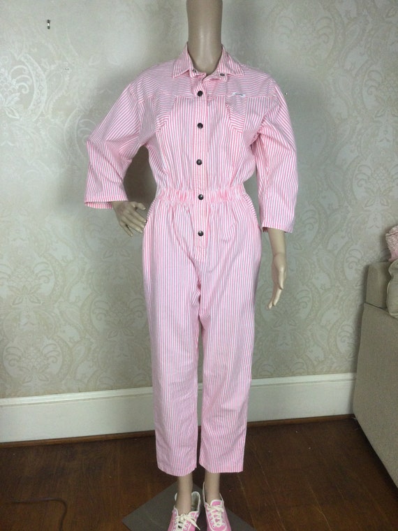 Y2K jumpsuit , pink & White Striped Sm Gem