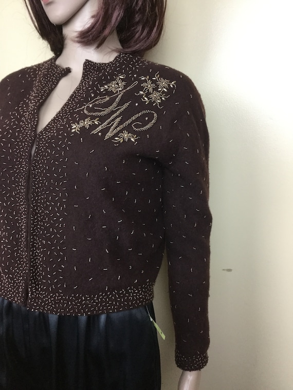 Vintage 50s Beaded Cardigan sweater 1950s Brown  … - image 7