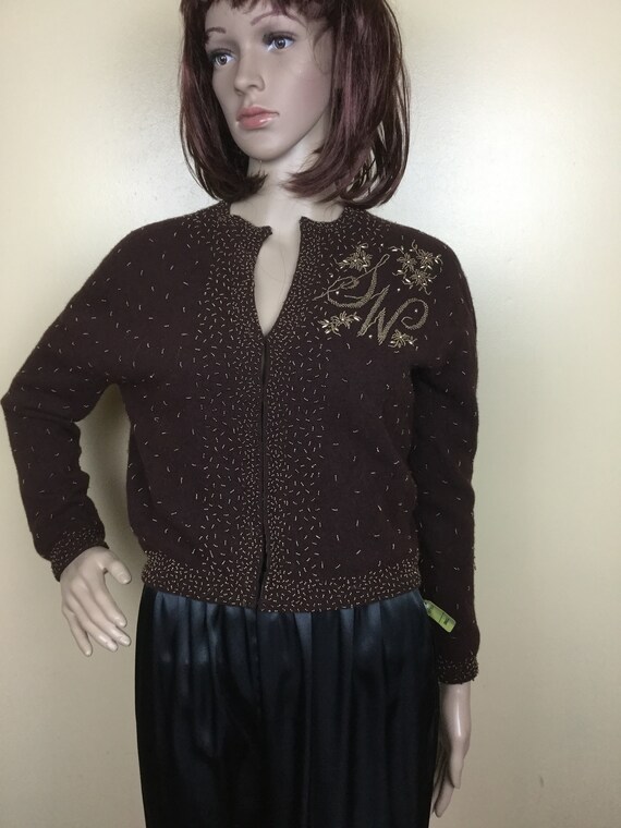 Vintage 50s Beaded Cardigan sweater 1950s Brown  … - image 6