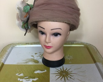 Vintage 60s Nude Tulle Hat  1960s Tulle Beehive hat  ,Floral Embellishment  Mrs.  Maisel  MC