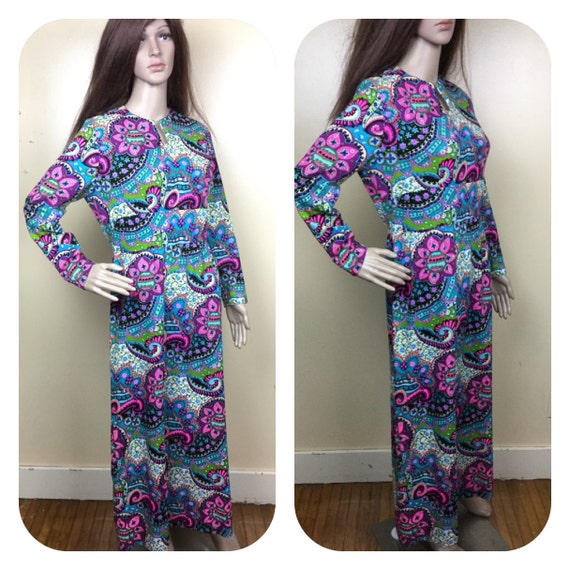 Vintage 60s psychedelic  barkcloth Dress, Maxi Dr… - image 1