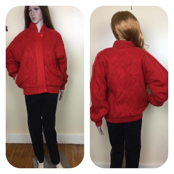 Vintage 80s Red Sweater Coat , 1980s Knit Bomber J