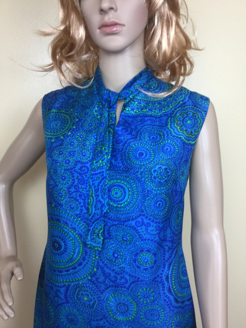 SALE 60s Mod Dress 1970s MEd Ascot Tie peacock Blue Go Go