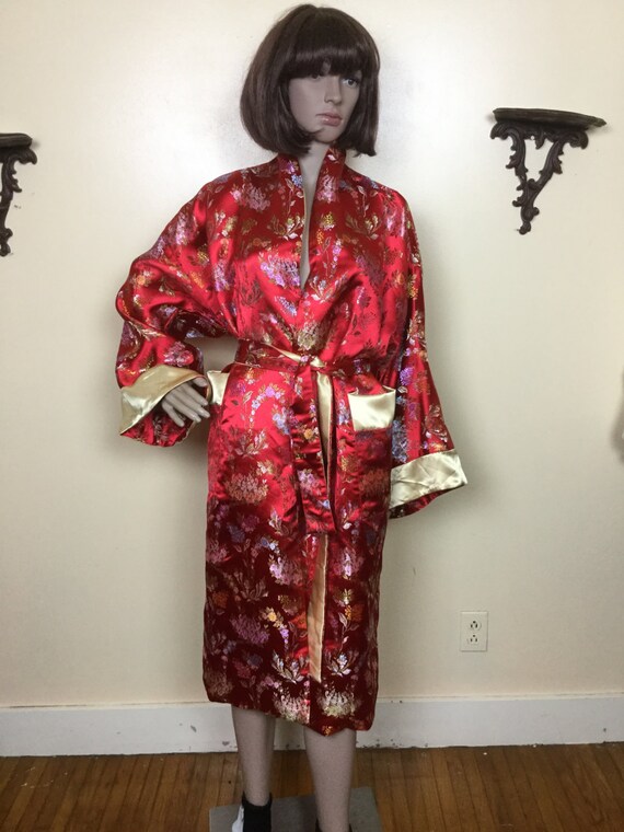 Vintage Embroidered Asian Kimono , Red Brocade Du… - image 5