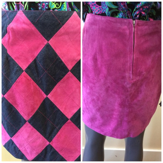 Vintage  80s suede mini skirt denim patchwork hot 