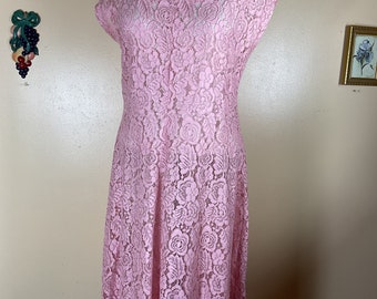 Vintage 50s Pink Lace Party Dress, Full Sweep Cocktail Dress, Matching Lace Jacket Xsm Sm