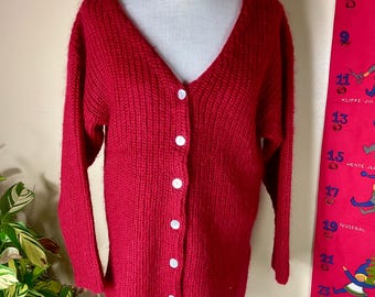 Vintage 80s Red MOHAIR Cardigan SWEATER SM