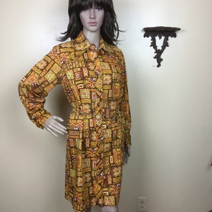 Vintage 60s Mod Shirtwaist Dress, Burnt Orange Abstract Print, Size L