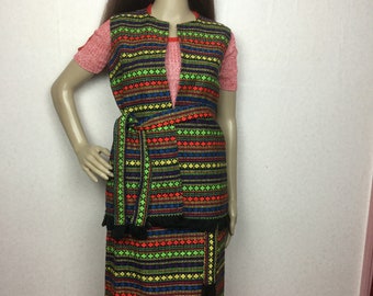 Vintage 70s 4 piece matching outfit , Boho striped wool ,pants skirt vest poncho