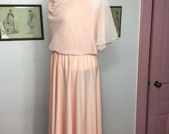 SALE 70s Disco Dress, Cocktail Dress, CORAL  Maxi Party, 70s Glam Dress, 19 70s Prom Dress