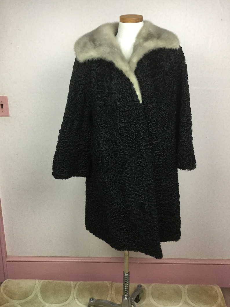 1960s Black Persian Lamb Coat 50s Heavyweight Fur Winter sm