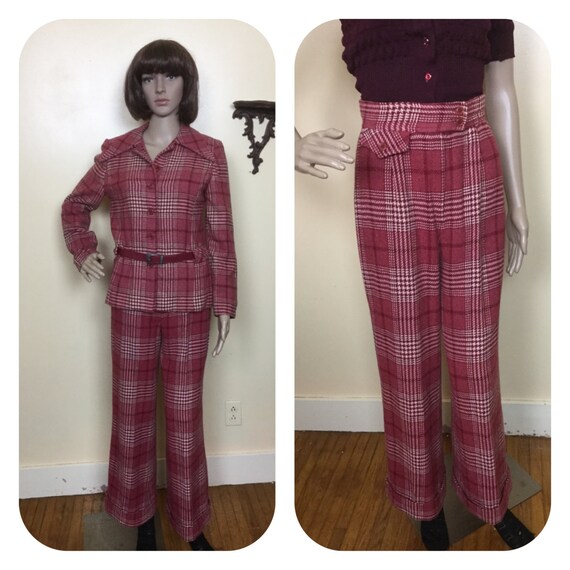 Vintage 70s 2 Piece suit , Cranberry Plaid Jacket