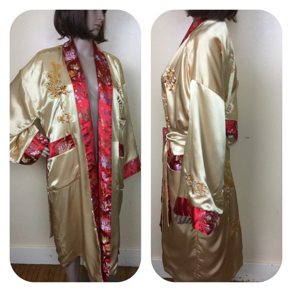 Vintage Embroidered Asian Kimono , Red Brocade Du… - image 3