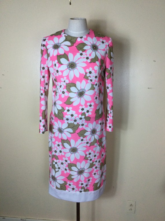 Vintage 60s Hot Pink Dress, Flower Power Mini Dre… - image 1