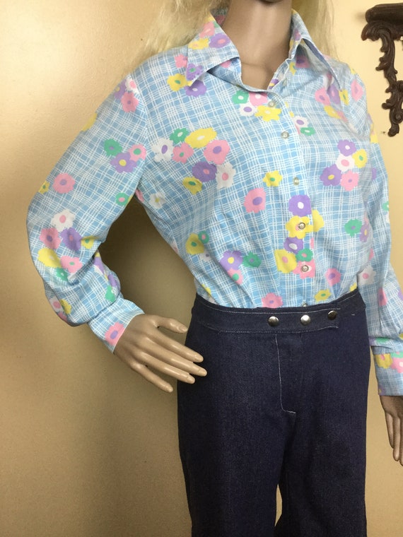 70s Floral Bodysuit Pastel Spring Shirt,Flower Po… - image 4