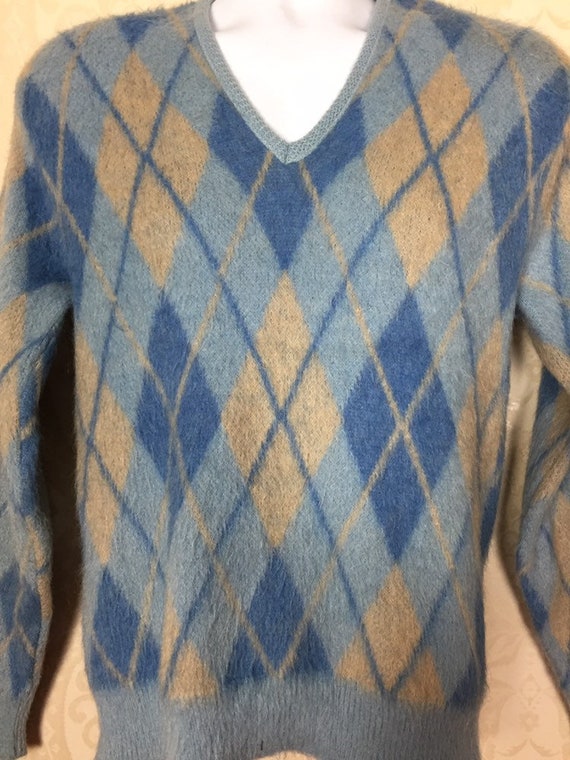 Vintage 50s  Mohair  Sweater, Blue  argyle wool,1… - image 9