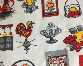 Vintage  50S  Cotton Fabric Fruit  Chickens MCM Kitschy
