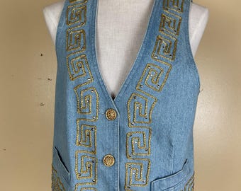 Vintage 80s Denim Vest, cache gold embroidery , Button-Front Waistcoat