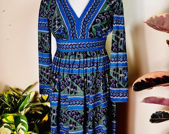 Vintage ROYAL blue PSYCHEDELIC 70s Dress, SM