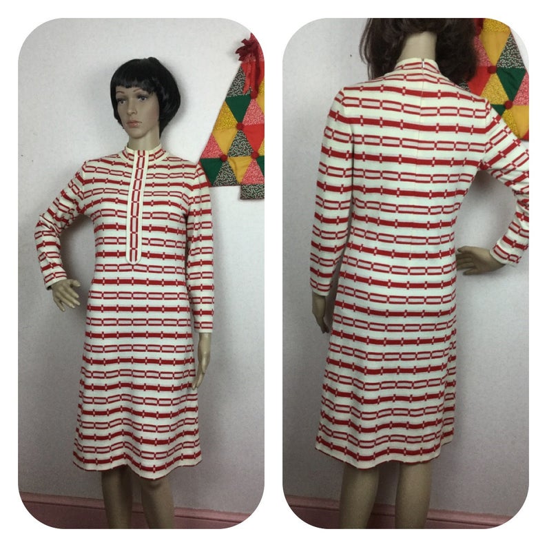 New Old Stock 1960s Mod Dress Vintage 70s Red /&White Italian Knit Dress MED