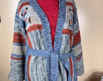 Vintage 1970s Southwest Space Dyed Wrap Sweater, Belted Shawl Collar Cardigan