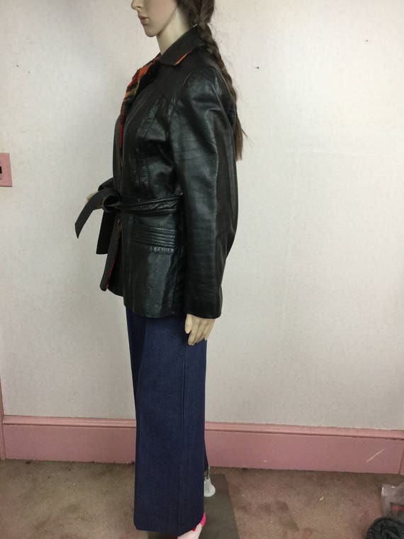 Black Leather Hooded Jacket, red plaid Lining , SM - Gem