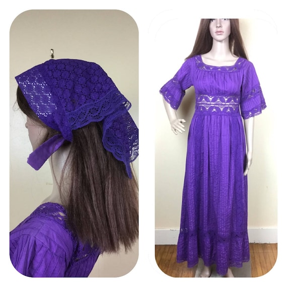 Purple Mexican Dress & Scarf ,SM 1970S mexican fo