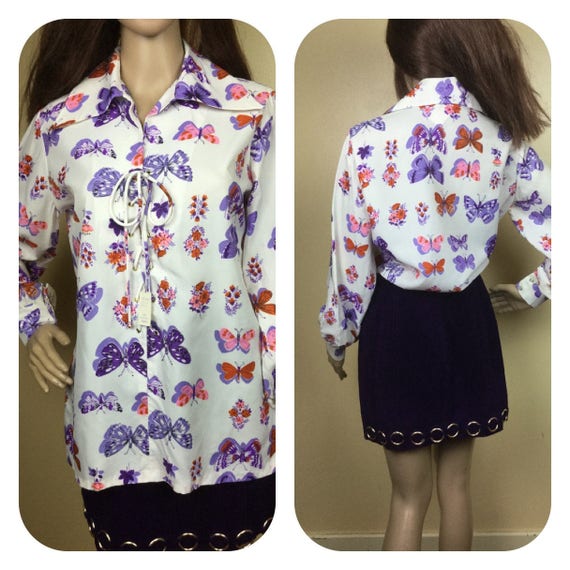 Butterfly Top , Vintage 70s Top , purple Butterfl… - image 3