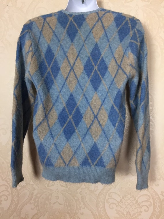 Vintage 50s  Mohair  Sweater, Blue  argyle wool,1… - image 5
