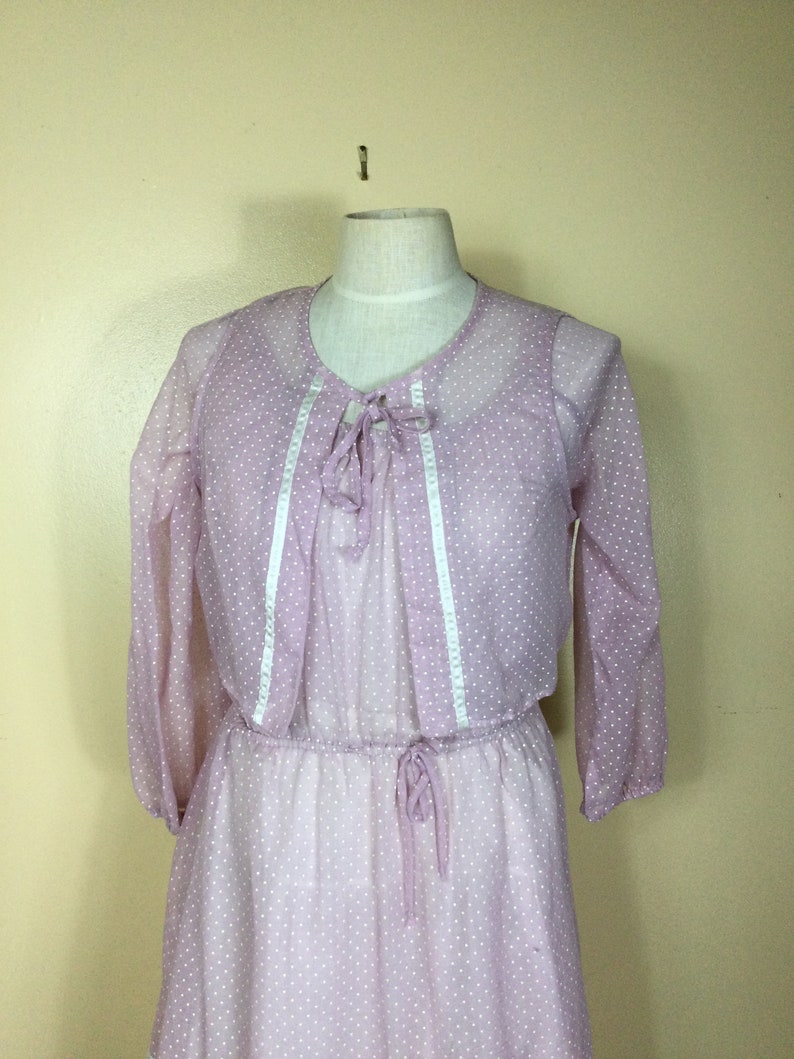 Vintage 70s lavender polka dot prairie dress , Sm M image 7