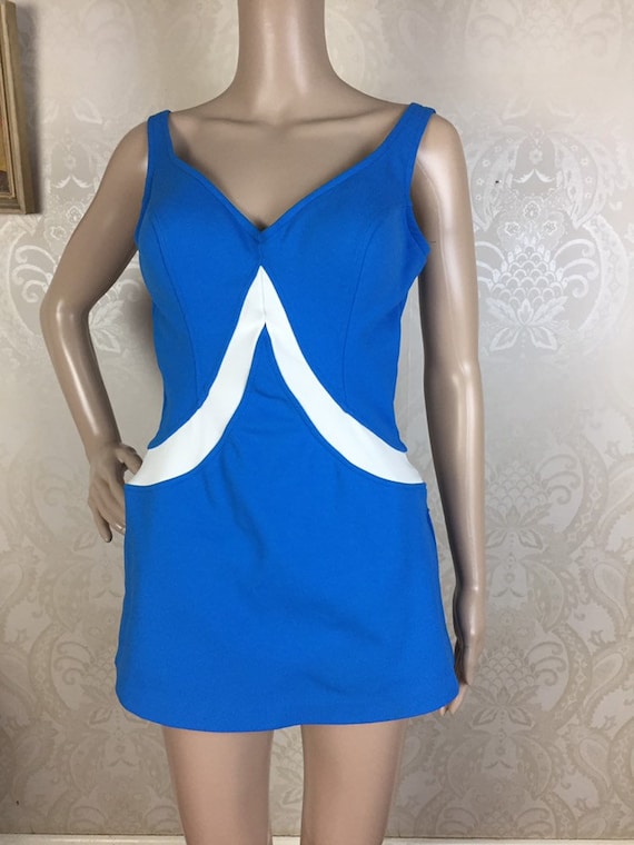 Vintage 60s Swimsuit , Mod Bright Blue One piece … - image 1