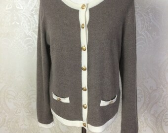 Vintage Tan Cashmere Sweater, 1980s cardigan, 80s Lord & Taylopr tan 2-ply Medium