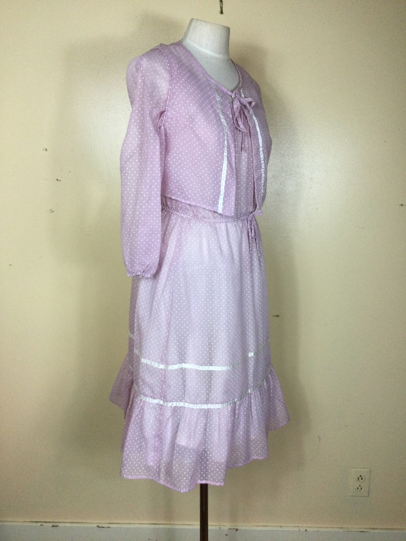 Vintage 70s lavender polka dot prairie dress , Sm M image 5